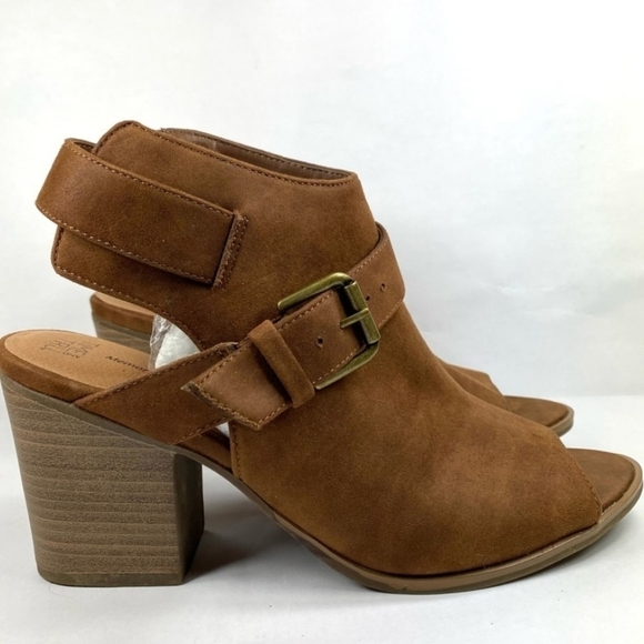Time & Tru Faux Suede Peep Toe Heel Booties Camel Brown Slingback 10 - Picture 1 of 10